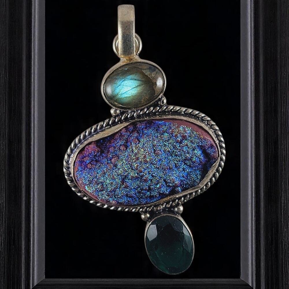 Labradorite Druzy Green Onyx Pendant 2.25" Sterling Silver Handmade Necklace